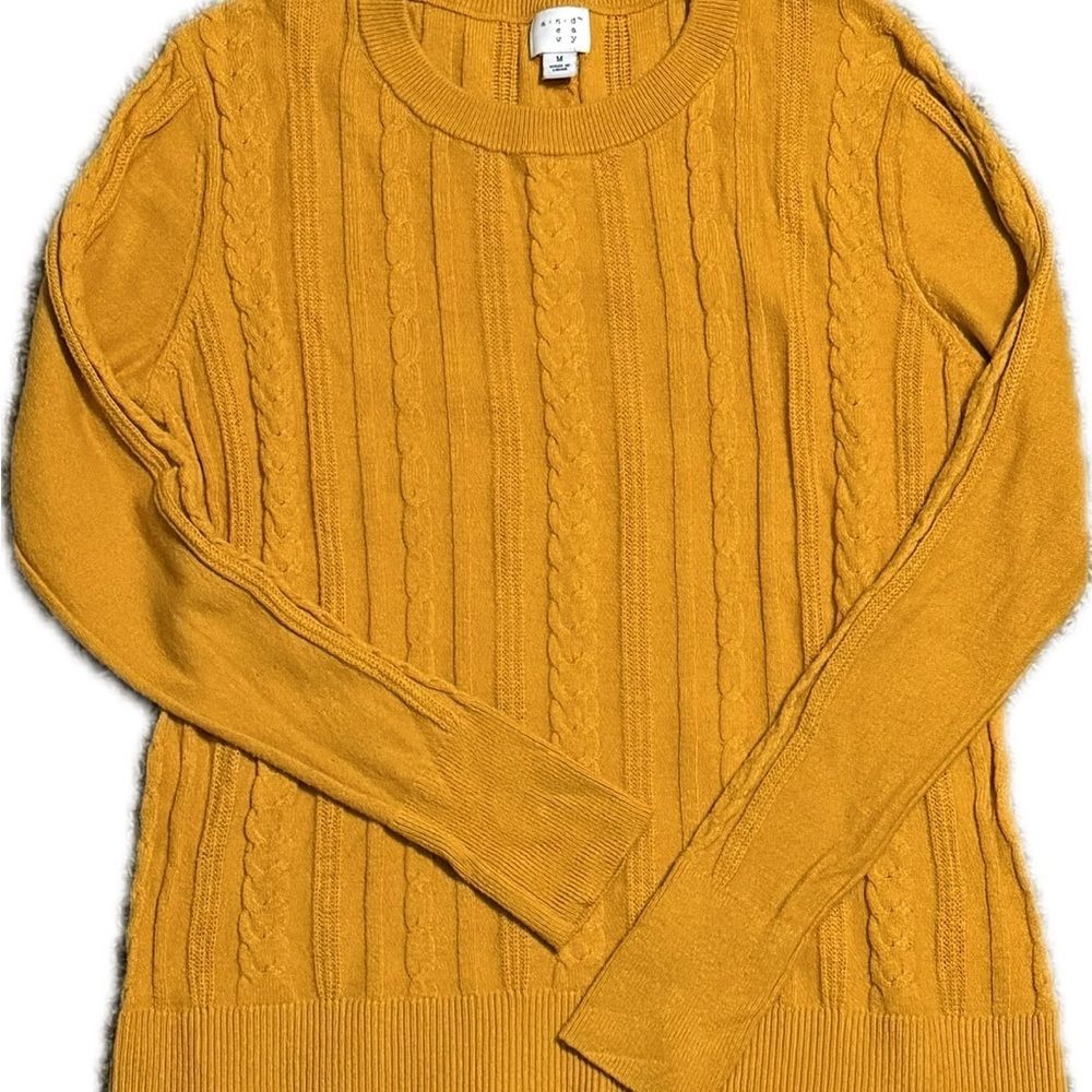 A New Day Cable Knit Mustard Lightweight Sweater Medium Preppy Academia Casual